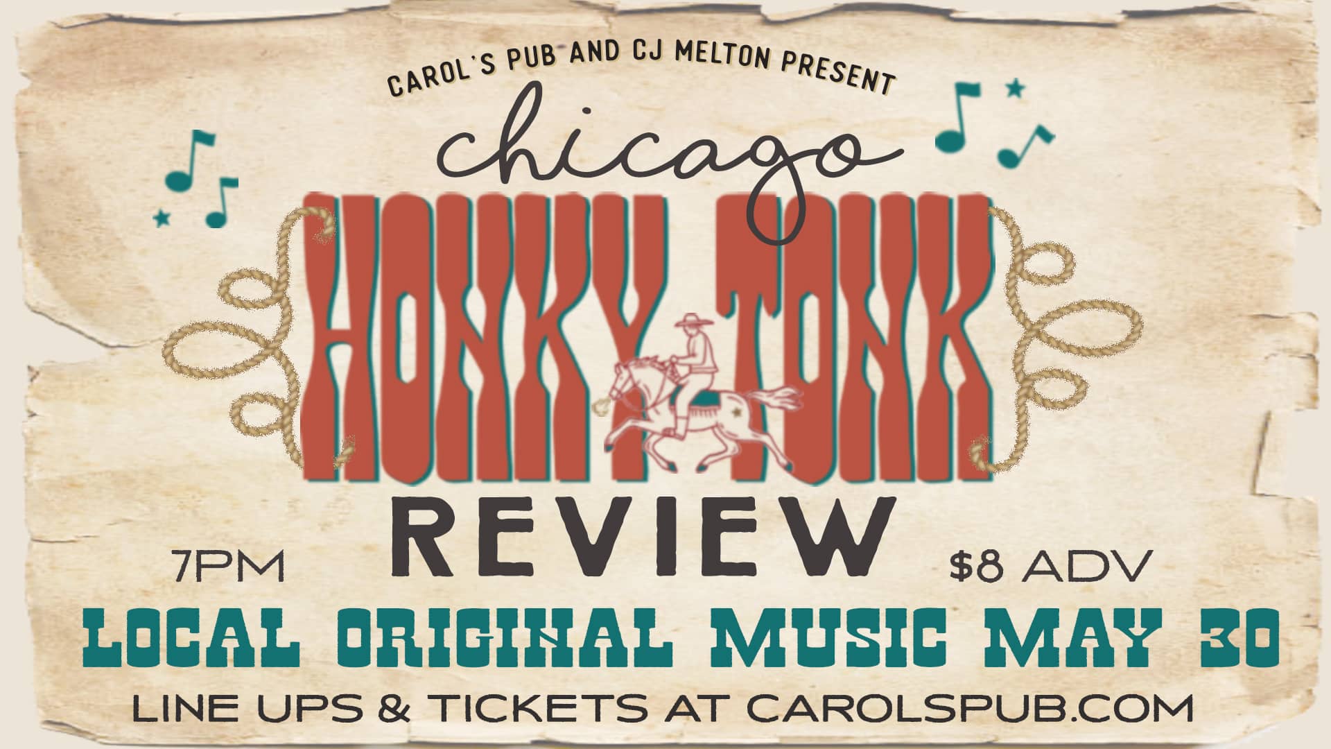 Promotional image for Chicago Honky Tonk Review, with Tommy Goodroad & Big Weather, performing on May 30, 2024, at Carol's Pub