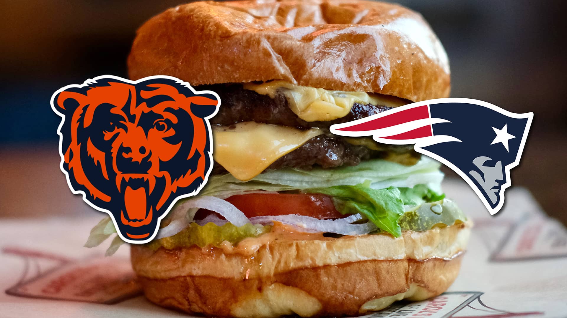 Promotional image for Chicago Bears vs New England Patriots on October 22, 2026, at Carol's Pub