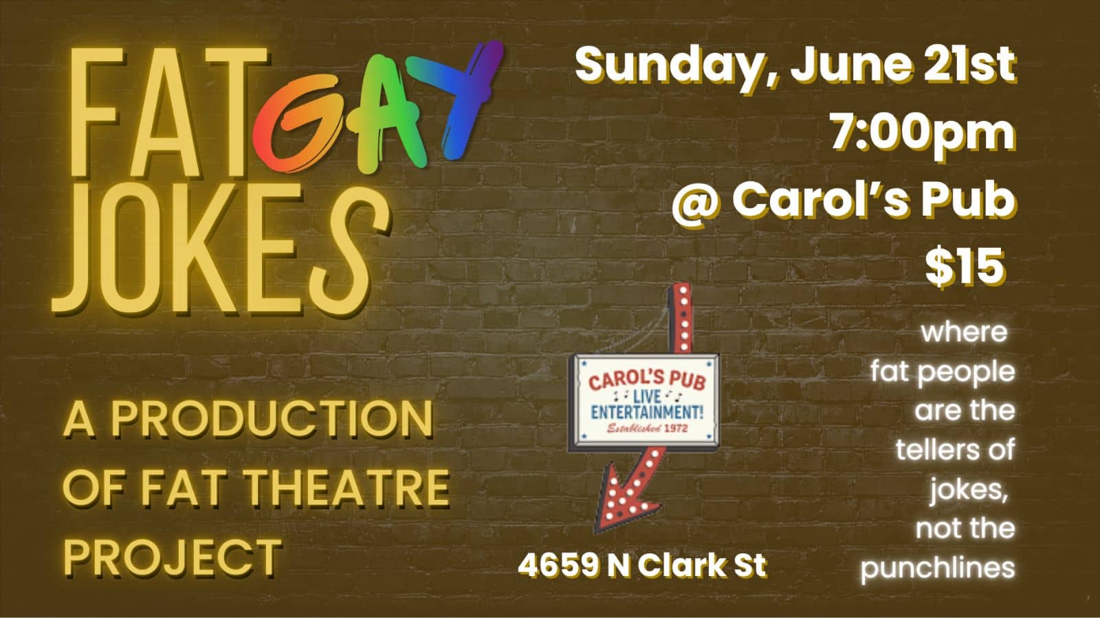 Promotional image for Fat Jokes on June 21, 2026, at Carol's Pub.