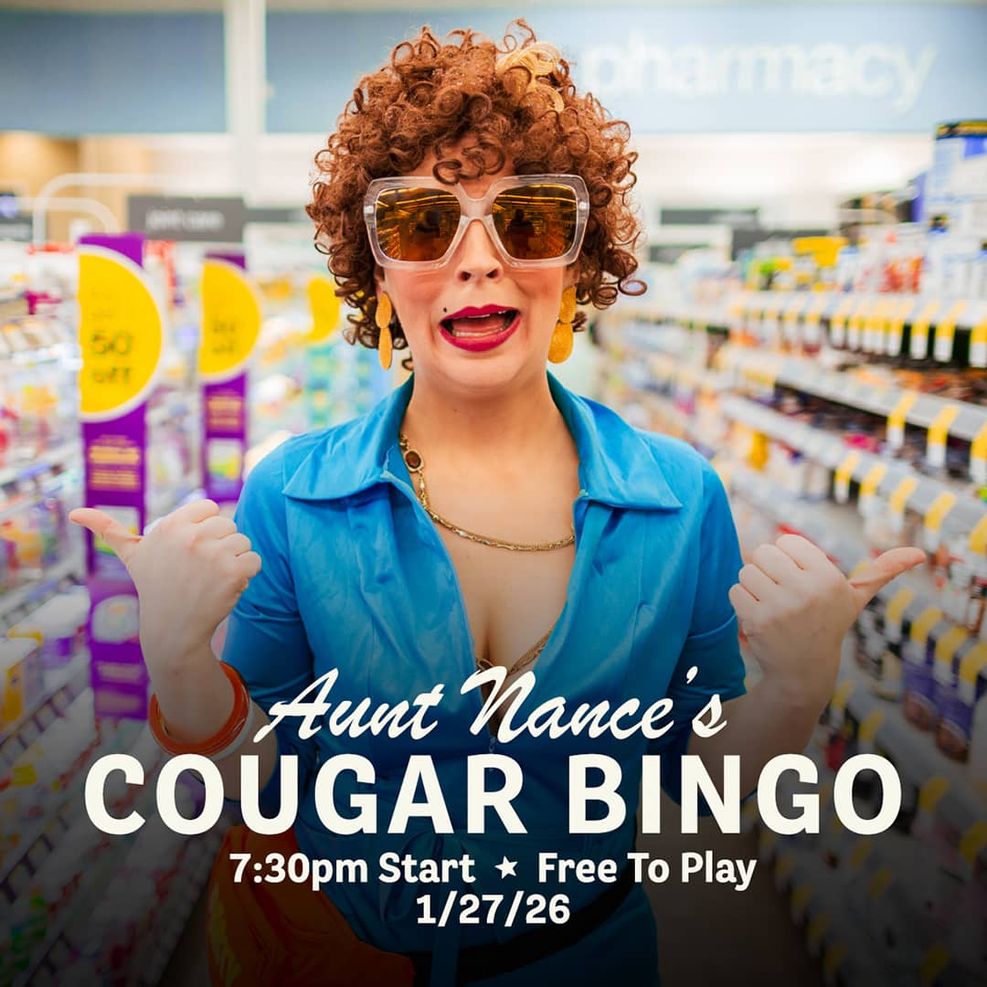 Promotional image for Cougar Bingo hosted by Aunt Nance, featuring live music, great food, and free gameplay on January 27, 2026 at Carol's Pub
