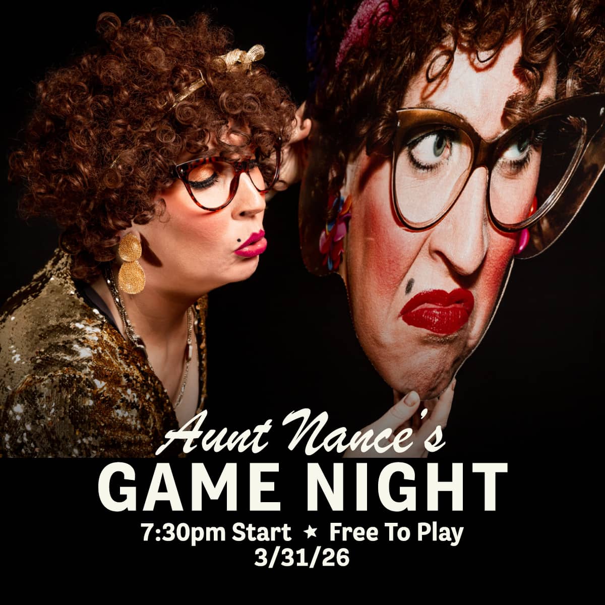 Promotional image for Cougar Bingo hosted by Aunt Nance, featuring live music, great food, and free gameplay on March 31, 2026, at Carol's Pub