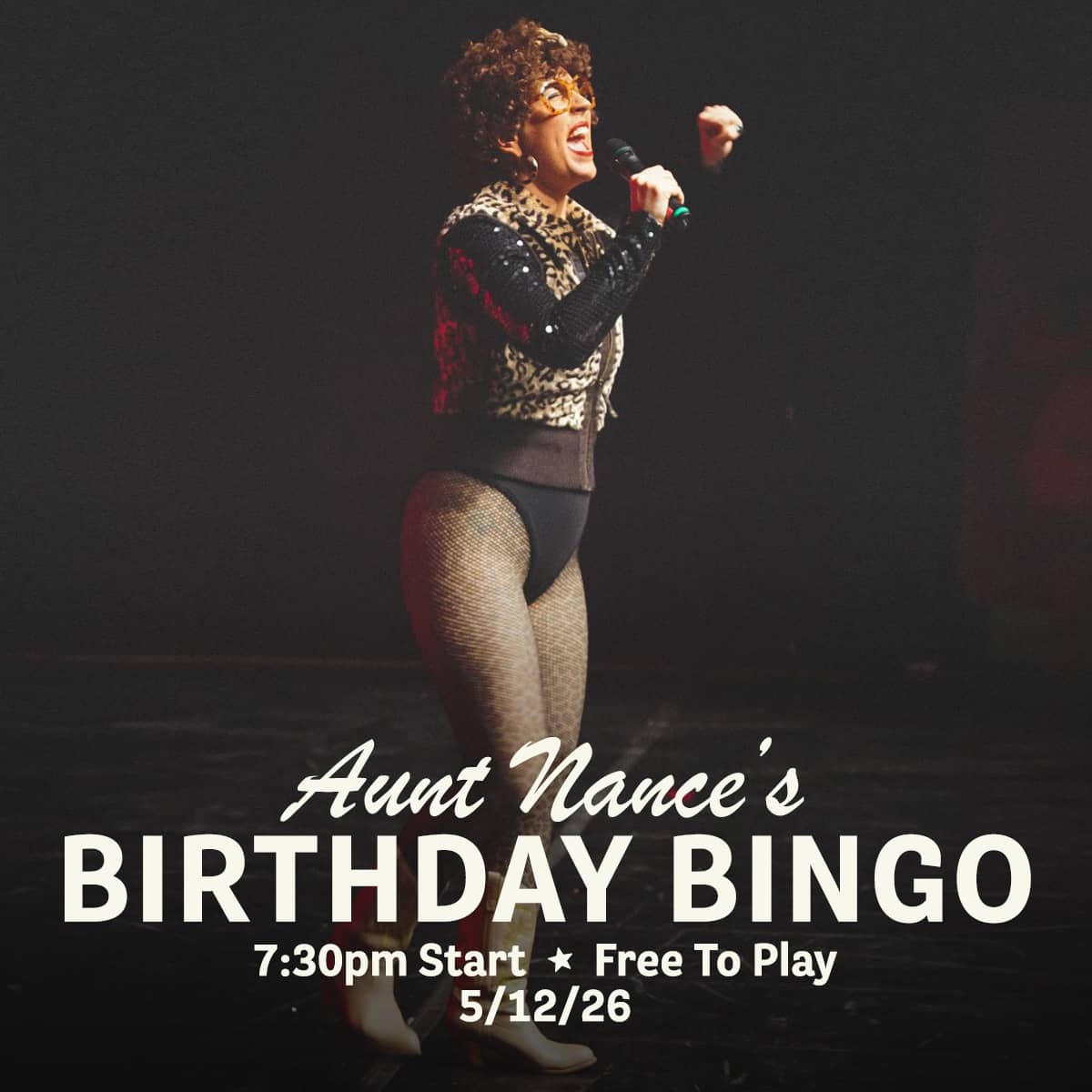 Promotional image for Cougar Bingo hosted by Aunt Nance, featuring live music, great food, and free gameplay on May 12, 2026 at Carol's Pub