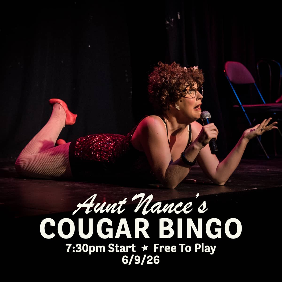 Promotional image for Cougar Bingo hosted by Aunt Nance, featuring live music, great food, and free gameplay on June 9, 2026 at Carol's Pub