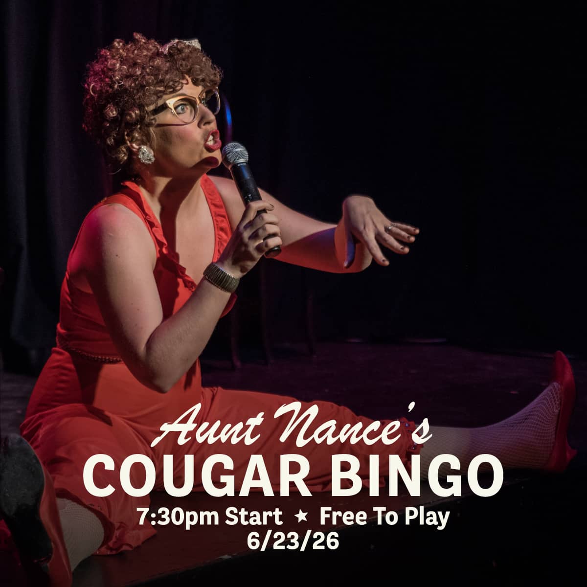 Promotional image for Cougar Bingo hosted by Aunt Nance, featuring live music, great food, and free gameplay on June 23, 2026 at Carol's Pub