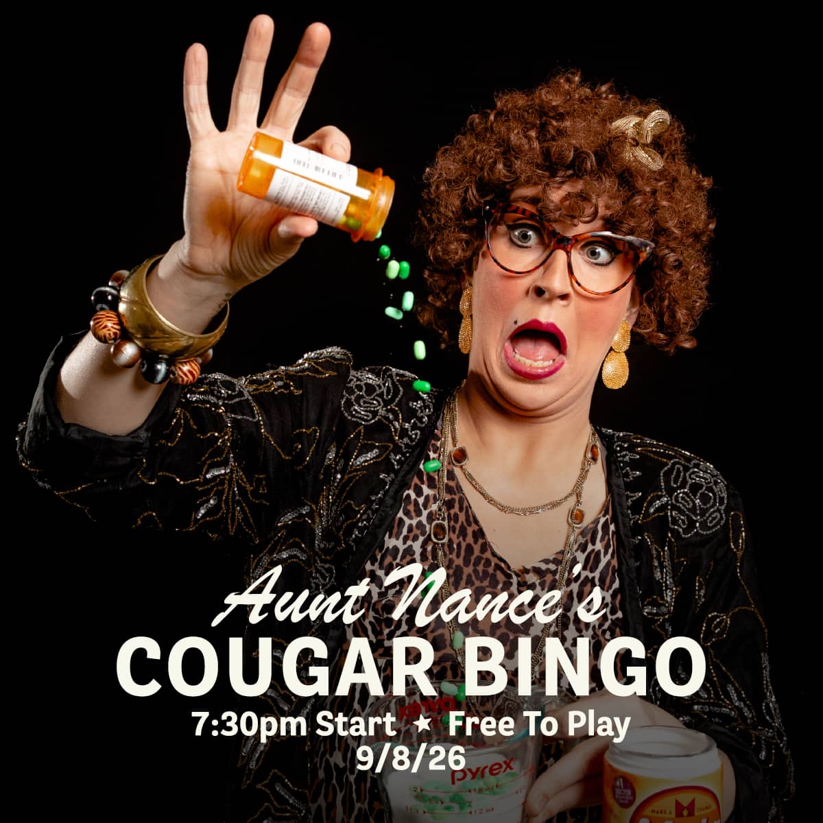 Promotional image for Cougar Bingo hosted by Aunt Nance, featuring live music, great food, and free gameplay on September 8, 2026 at Carol's Pub