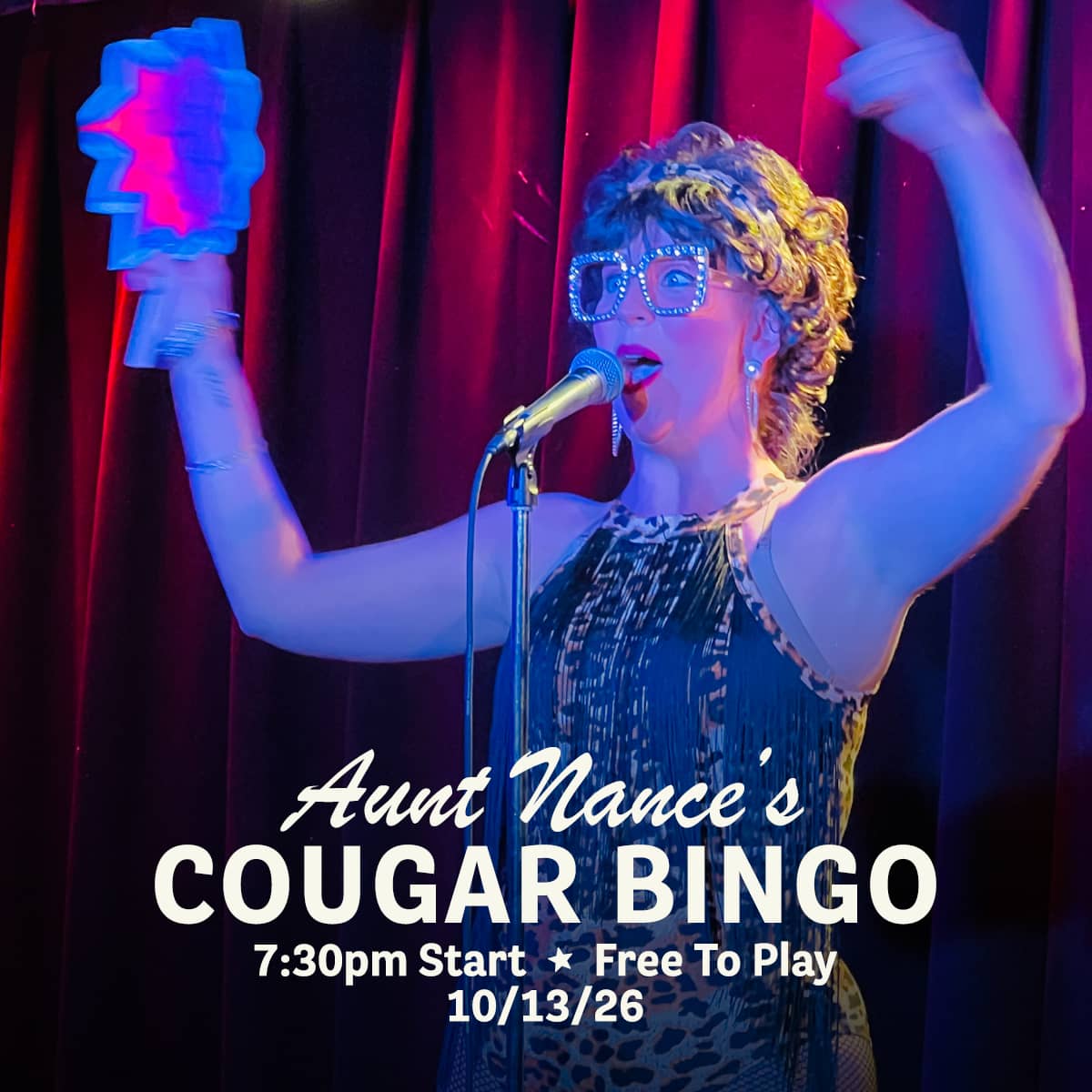 Promotional image for Cougar Bingo hosted by Aunt Nance, featuring live music, great food, and free gameplay on October 13, 2026 at Carol's Pub