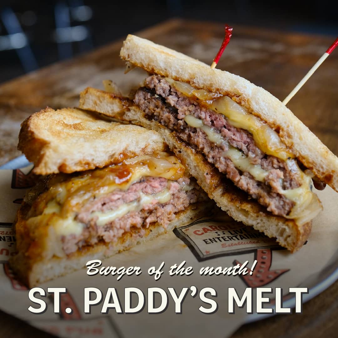 Promotional image for March's Burger of the Month at Carol's Pub: St. Paddy's Melt
