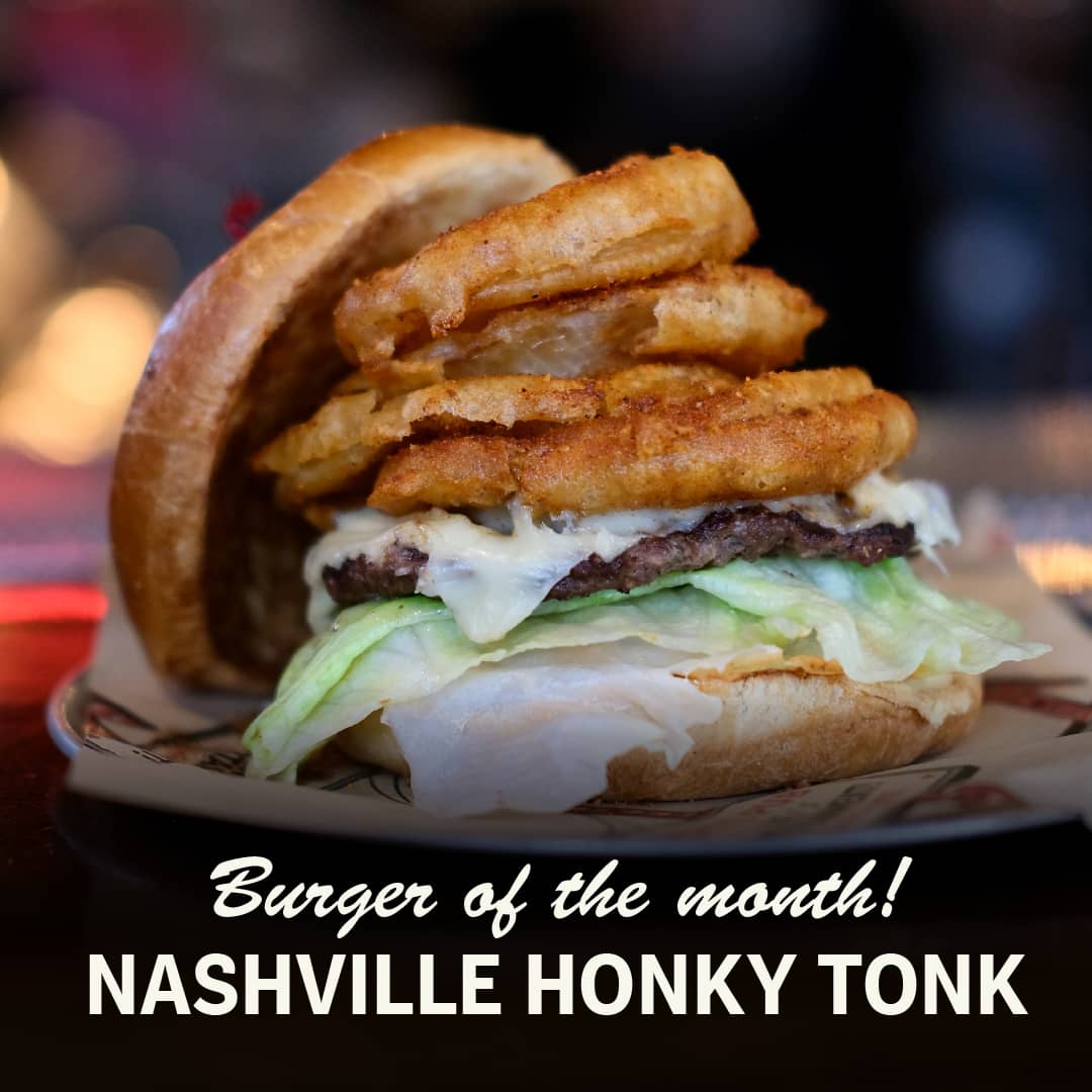 Promotional image for June's Sandwich of the Month at Carol's Pub: Carol's Nashville Honky Tonk Burger