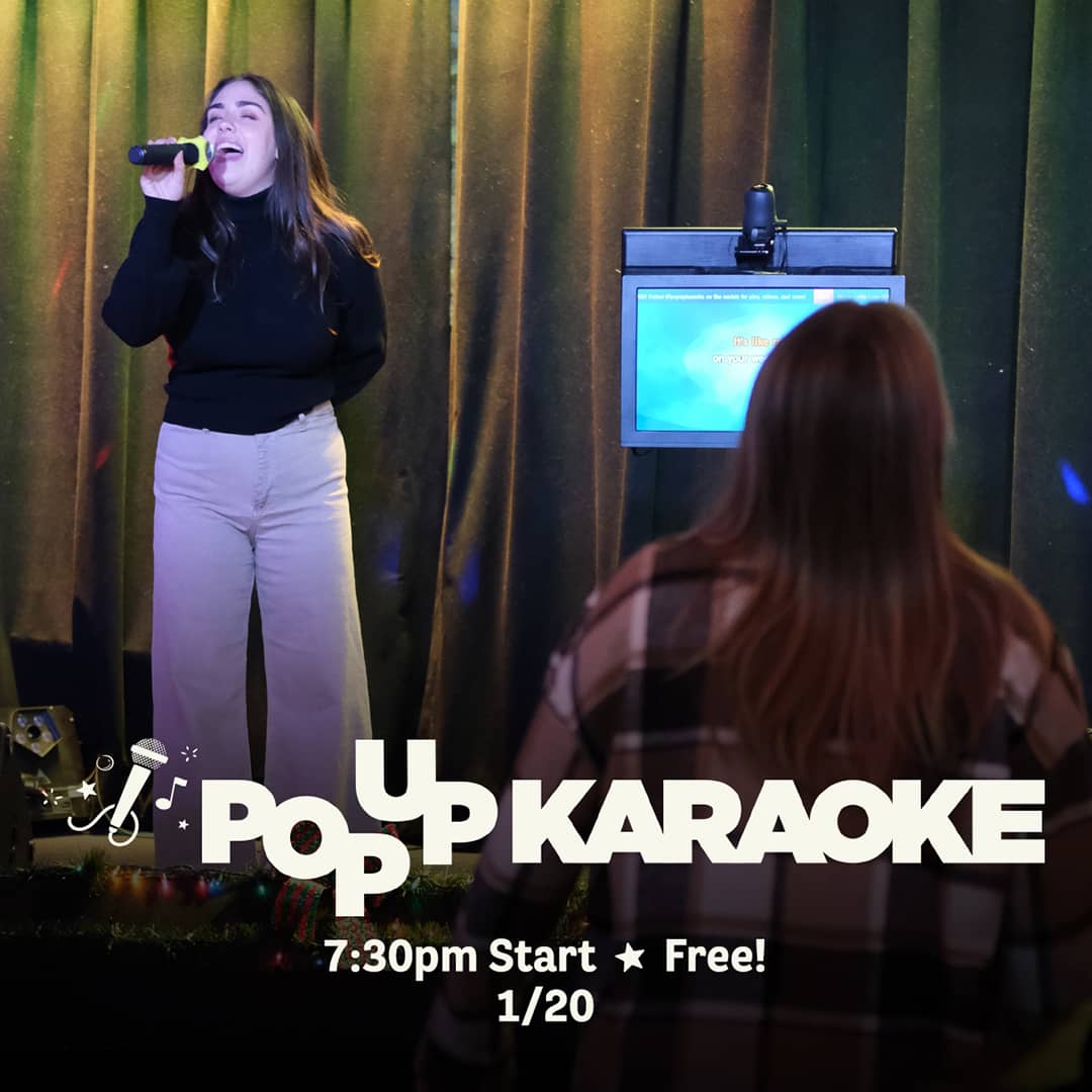 Promotional image for Pop Up Karaoke events on December 16 and January 6, 2026, at Carol's Pub