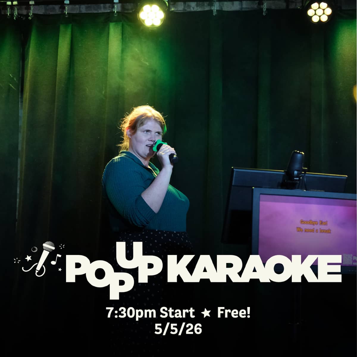 Promotional image for Pop Up Karaoke events on May 5, 2026, at Carol's Pub