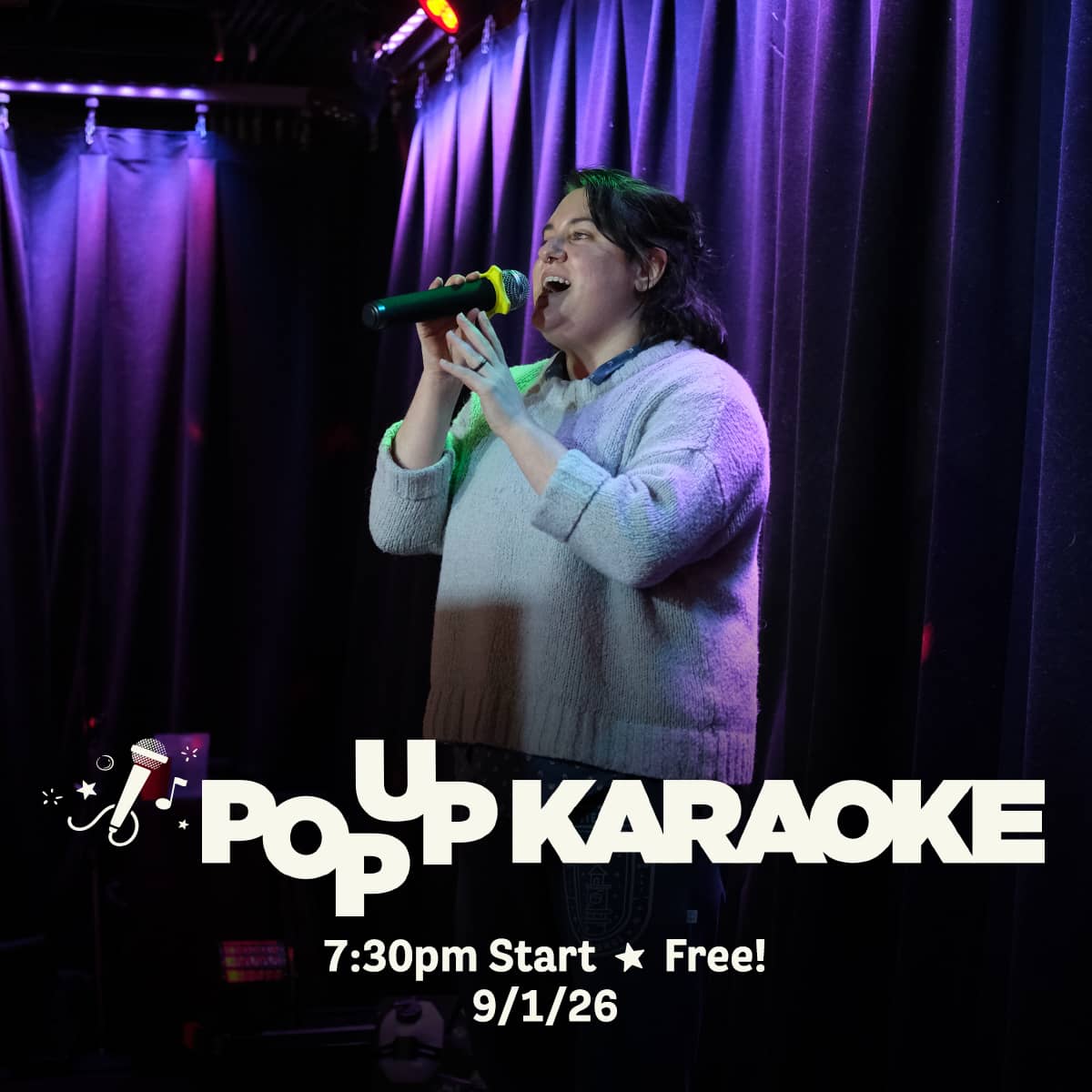 Promotional image for Pop Up Karaoke events on September 1, 2026, at Carol's Pub